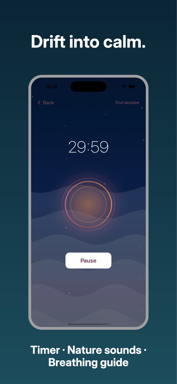 Calm Timer přehrává 30minutovou relaci se zvuky přírody