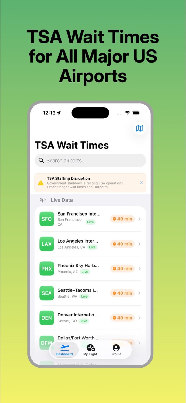 TSA Wait Times mostrando tiempos de espera de seguridad en aeropuertos de EE. UU.